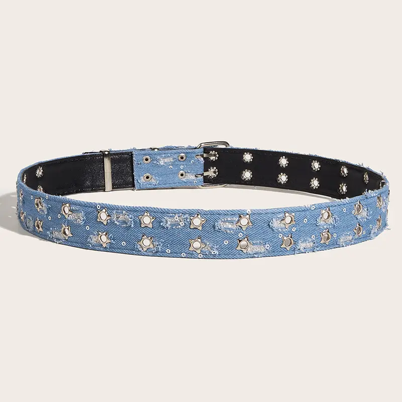 Punk Star Eyelet Denim Fabric Belts For Women High Quality Luxury Brand Unisex Jeans Retro Goth Belt Blue Waistband