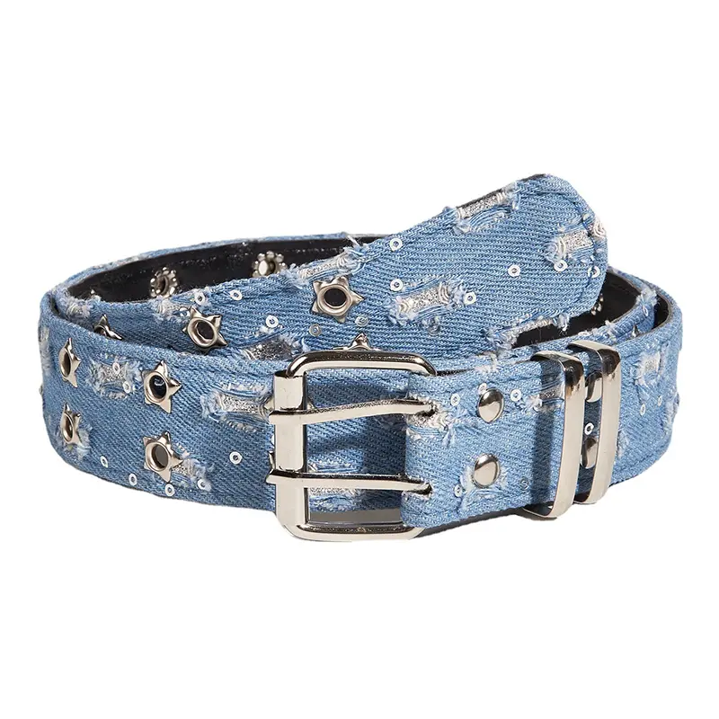 Punk Star Eyelet Denim Fabric Belts For Women High Quality Luxury Brand Unisex Jeans Retro Goth Belt Blue Waistband