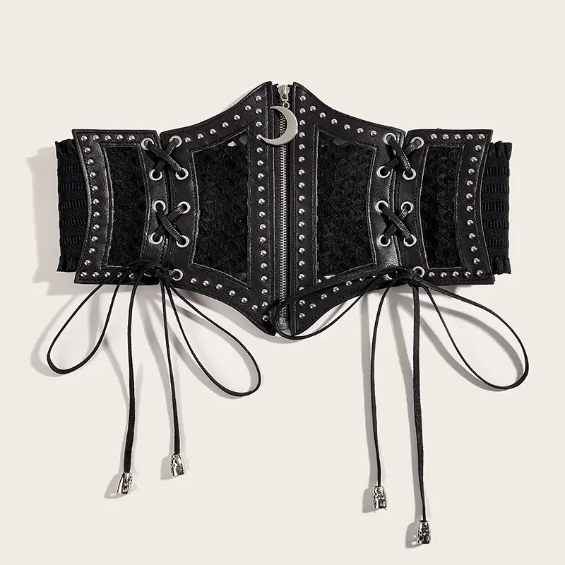 Wide Leopard Print Hollow Corset Belts For Women Black Belt Female Luxury Brands Moon Punk Gothic Cummerbunds Y2K Waistband