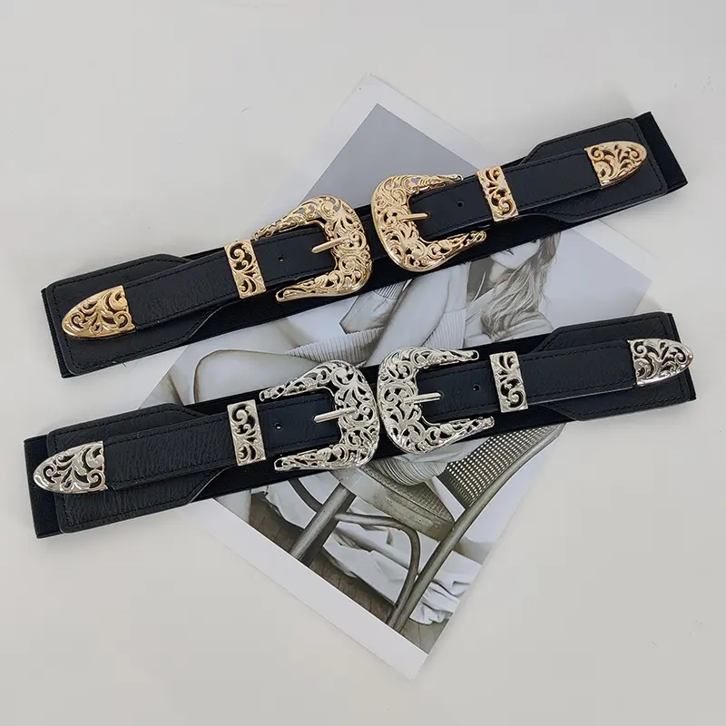 Designer Black Corset Belt Female Waist Elastic Belts For Women High Quality Vintage Silver Metal Stretch Cummerbunds