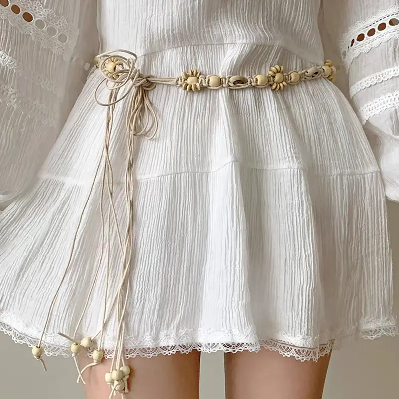 Desinger Belts For Women Knot Waistband Summer Boho Shell Bead Dress Jeans Belt Female Beach Accessory Beige Wax Cord