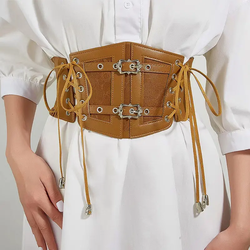 Elastic Plus Size Lace Corset Belts for Women Wide Stretch Cummerbunds Female Goth Punk Dress Corset Belt Brown White Waistband