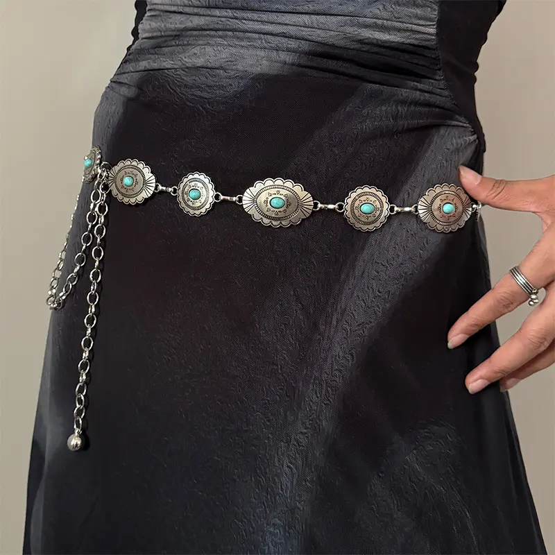 Fashion Silver Bohemian female circular waist chain luxury blue gemstone Ellipse chain belts for women suitable for Skirts dress