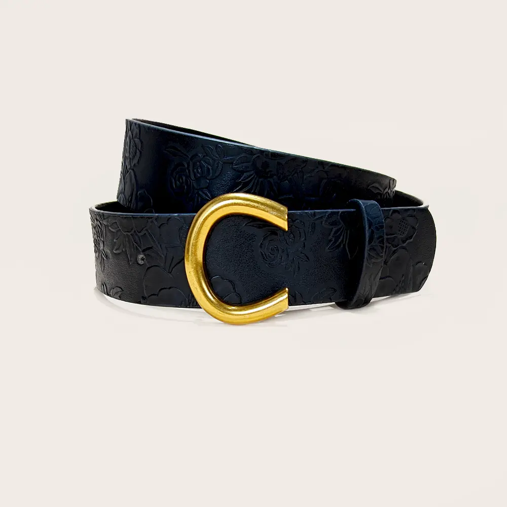High-end Luxury Designer PU Leather Belt for Men & Women Black Floral Engraved Belt Letter C Buckle Elegant Jeans Belt FeMale