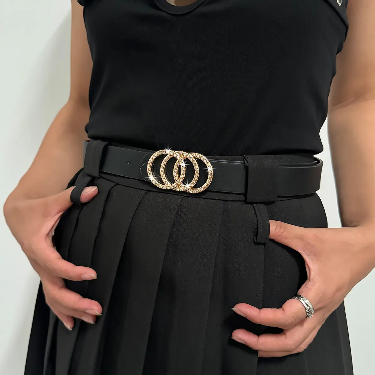 Luxury PU Leather Designer Waistband with three ring alloy buckle decoration Belts for women's trendy and versatile belt