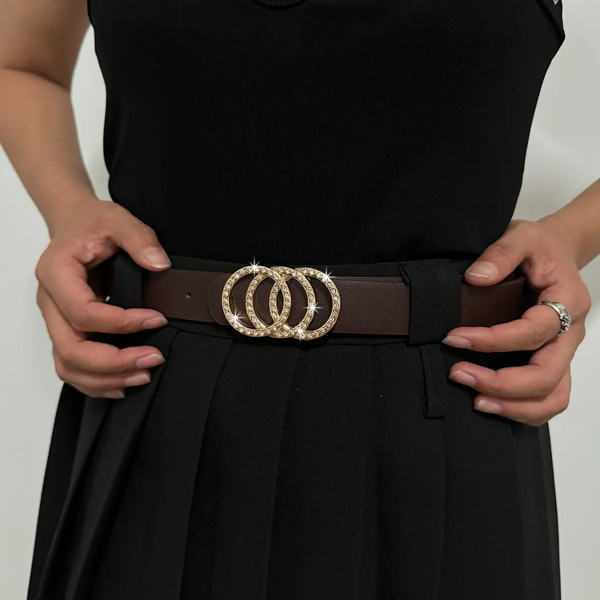 Luxury PU Leather Designer Waistband with three ring alloy buckle decoration Belts for women's trendy and versatile belt