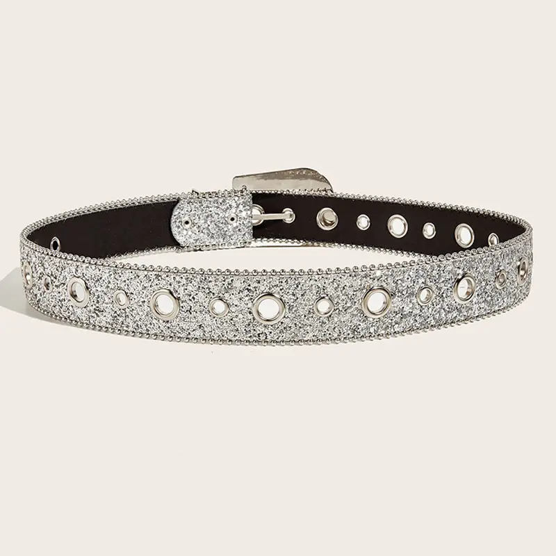 Desinger Belts For Women High Quality Luxury Female Waist Sequin Rhinestone Buckle All-Eyelet Punk Goth Y2k Golden Belt Men
