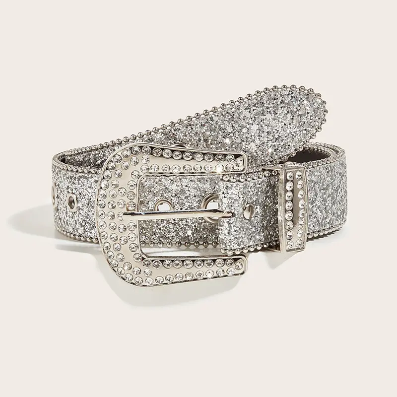 Desinger Belts For Women High Quality Luxury Female Waist Sequin Rhinestone Buckle All-Eyelet Punk Goth Y2k Golden Belt Men