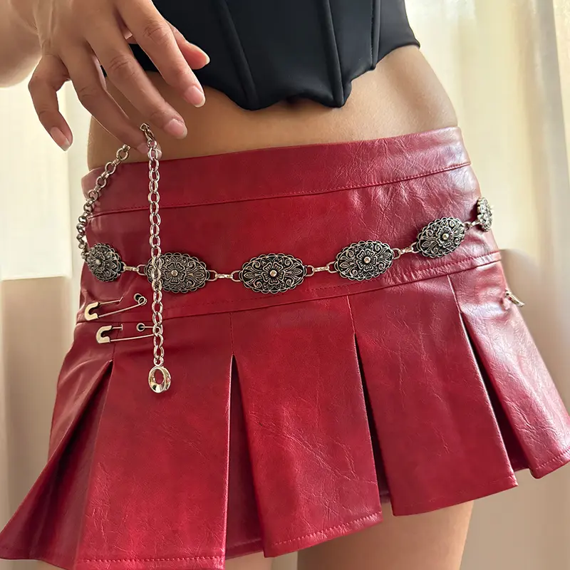 Vintage Female Waist Chain Belt Punk cowgirl carving Floral Metal Belts For Women Luxury Silver Waistband for summer Skirt Jean