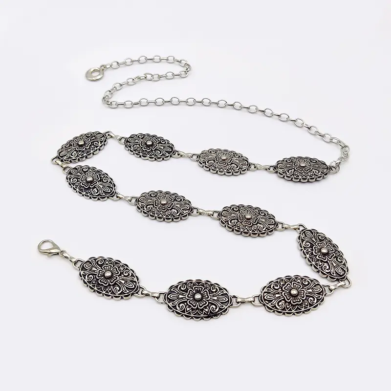 Vintage Female Waist Chain Belt Punk cowgirl carving Floral Metal Belts For Women Luxury Silver Waistband for summer Skirt Jean