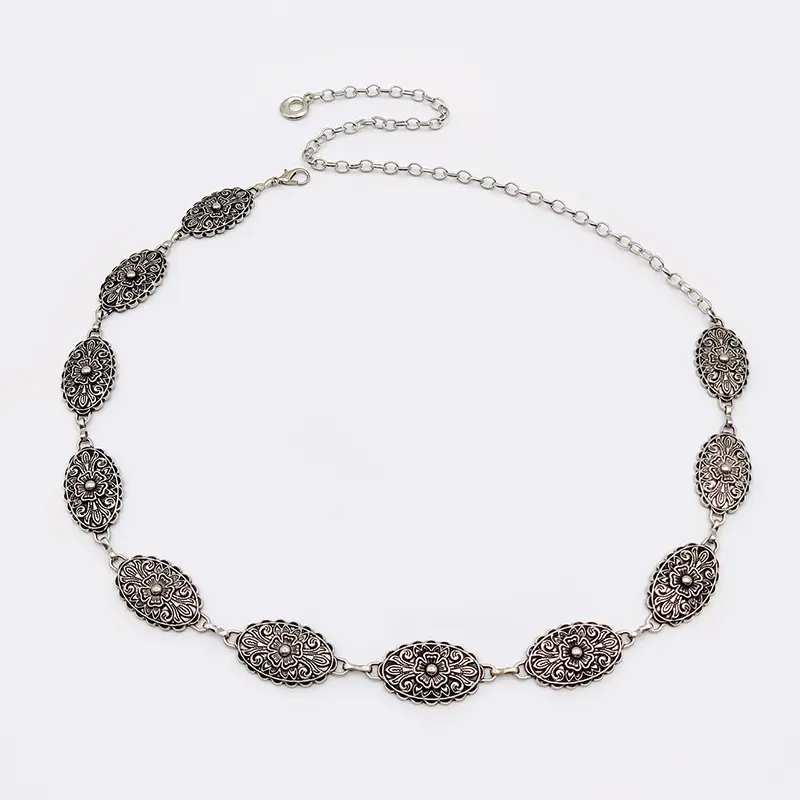 Vintage Female Waist Chain Belt Punk cowgirl carving Floral Metal Belts For Women Luxury Silver Waistband for summer Skirt Jean