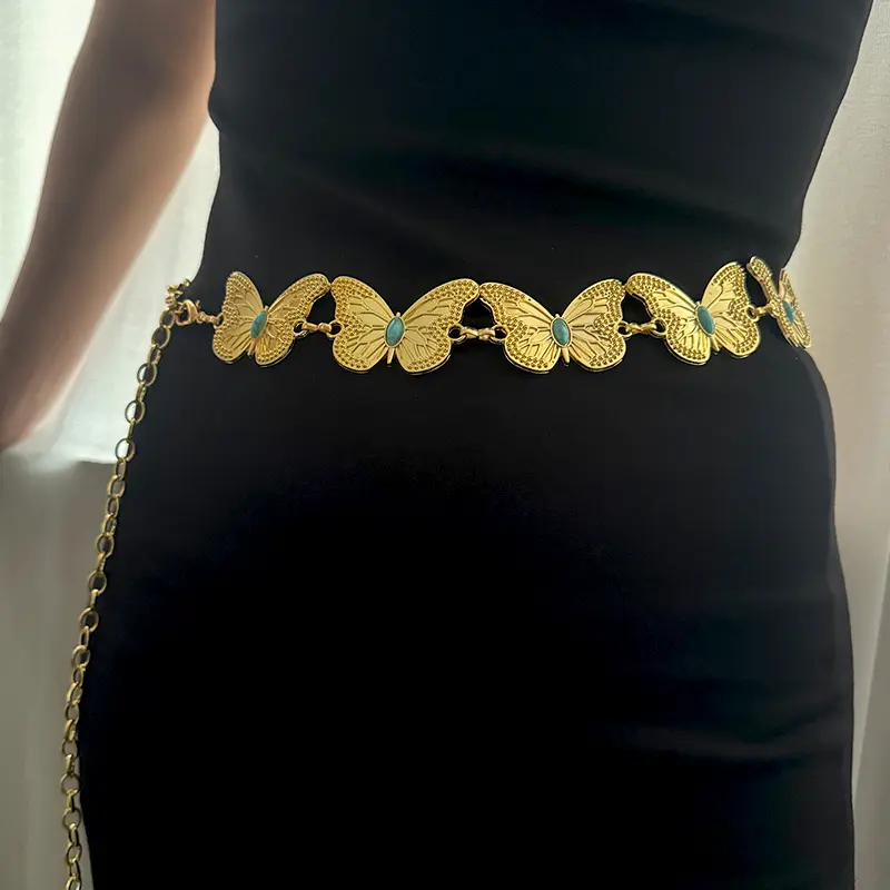 Vintage Female Waist Chain Belt Punk Y2K Sapphire Metal Belts For Women Butterfly Luxury Golden Waistband for summer Skirt Jeans