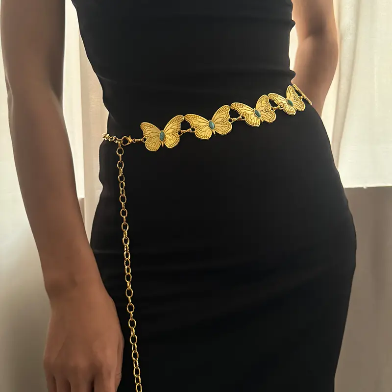 Vintage Female Waist Chain Belt Punk Y2K Sapphire Metal Belts For Women Butterfly Luxury Golden Waistband for summer Skirt Jeans