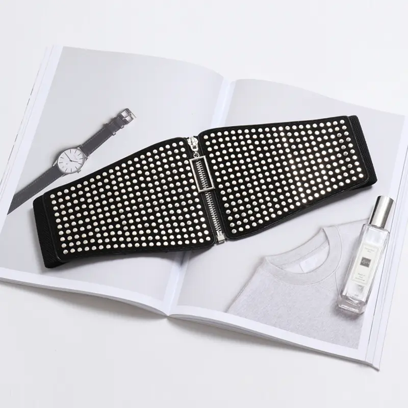 Punk Rivet Inlay Wide Elastic Corset Belt Female Waist Goth Plus Size Stretch Cummerbunds Big Designer Belts For Women Waistband