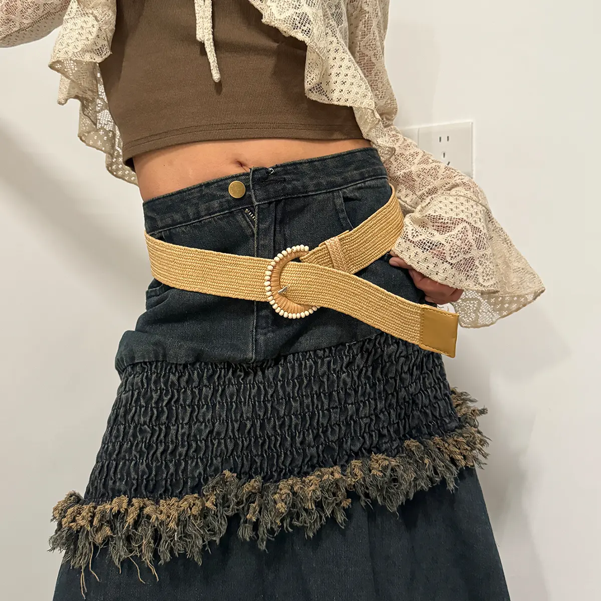Women PP Straw Belt Bohemian Wide Elastic Waist Belts Braided Waistband Summer Casual Cloth Beach Apparel Accessory Designer