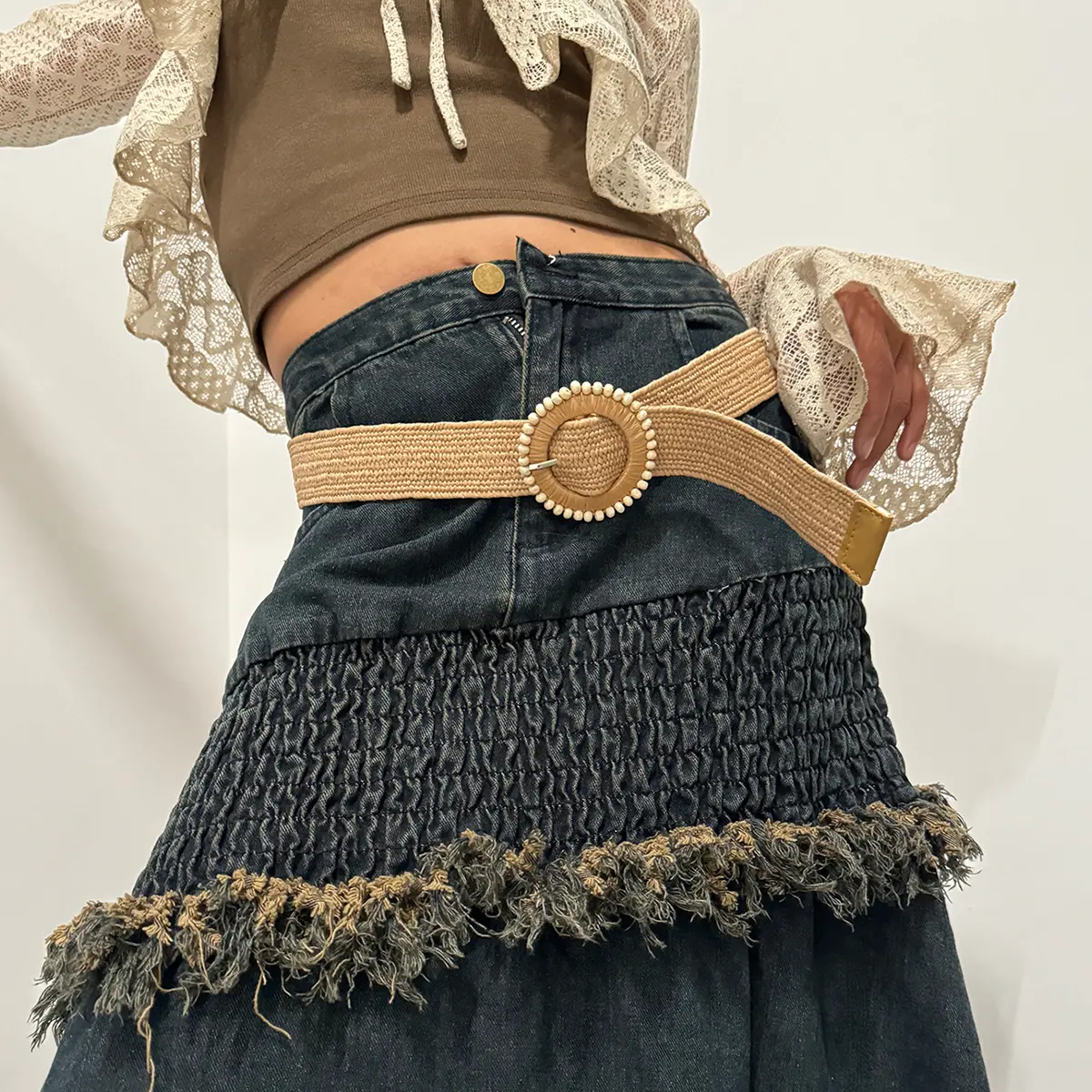 Women PP Straw Belt Bohemian Wide Elastic Waist Belts Braided Waistband Summer Casual Cloth Beach Apparel Accessory Designer
