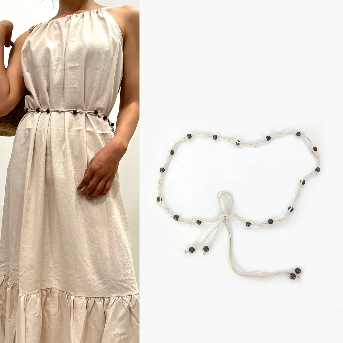 Boho Wooden Bead Designer Belts For Women Y2K Bohemian Knot Dress Waistband Summer Beach Accessory Ladies Beige Belt