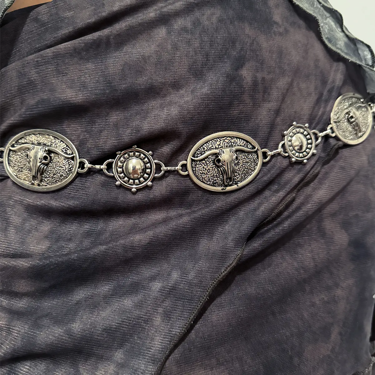 Vintage Silver Chain Belt Sun Bull Coins Female Waist Y2K Dress Waistband Designer Belts For Women High Quality Punk Corset