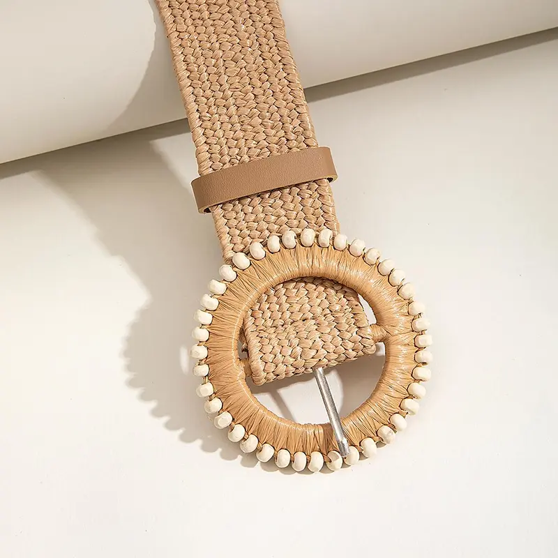 1pc Women Round Buckle Boho Straw Belt For Beach Ellipse Buckle Bead Decor Bohemian Woven Belt For Holiday