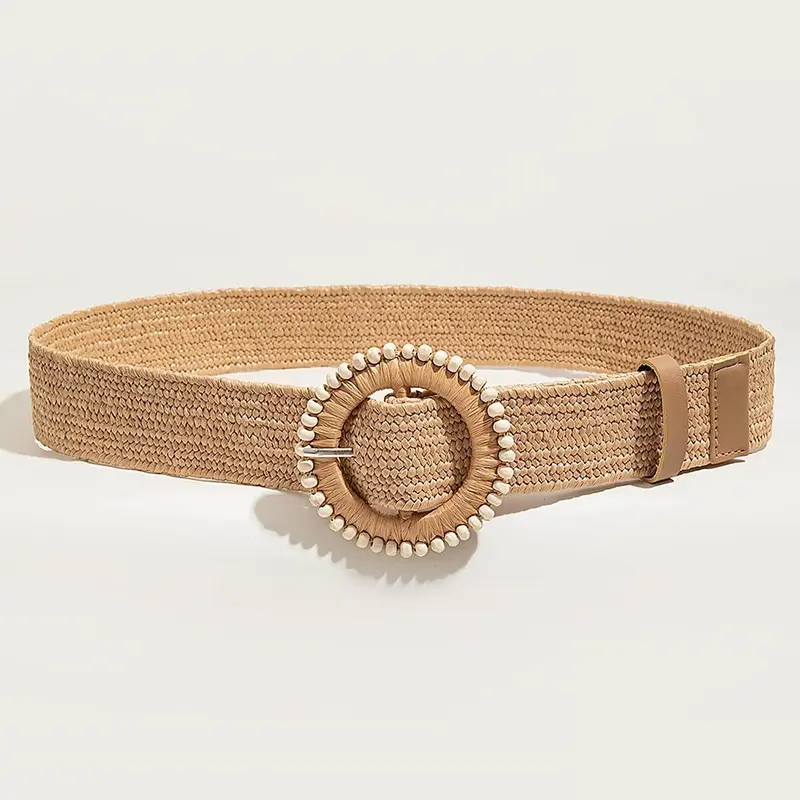 1pc Women Round Buckle Boho Straw Belt For Beach Ellipse Buckle Bead Decor Bohemian Woven Belt For Holiday