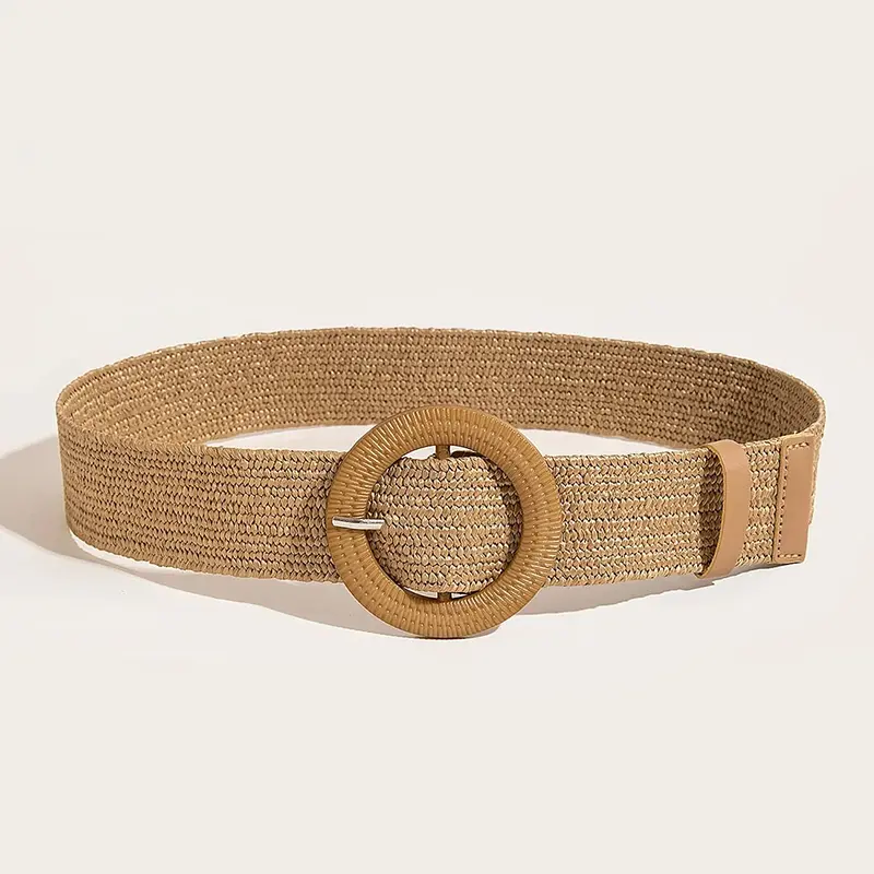 1pc Women Round Buckle Boho Straw Belt For Beach Ellipse Buckle Bead Decor Bohemian Woven Belt For Holiday