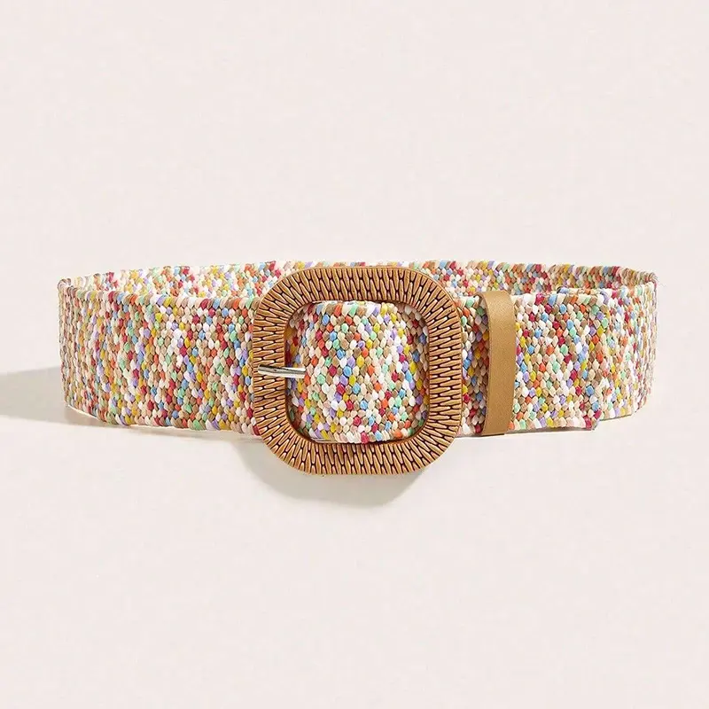 Women Boho Colorful Trendy Straw Belt Trendy Round Buckle Wide Belts Classic Summer Beach Waistband For Women Girls