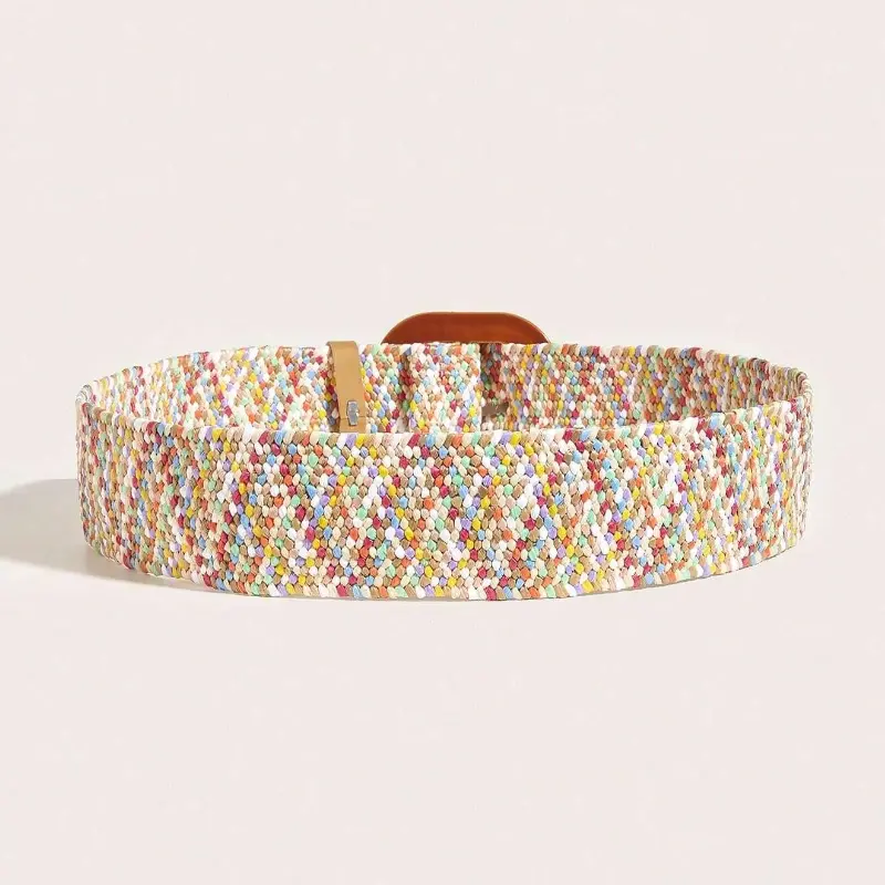 Women Boho Colorful Trendy Straw Belt Trendy Round Buckle Wide Belts Classic Summer Beach Waistband For Women Girls