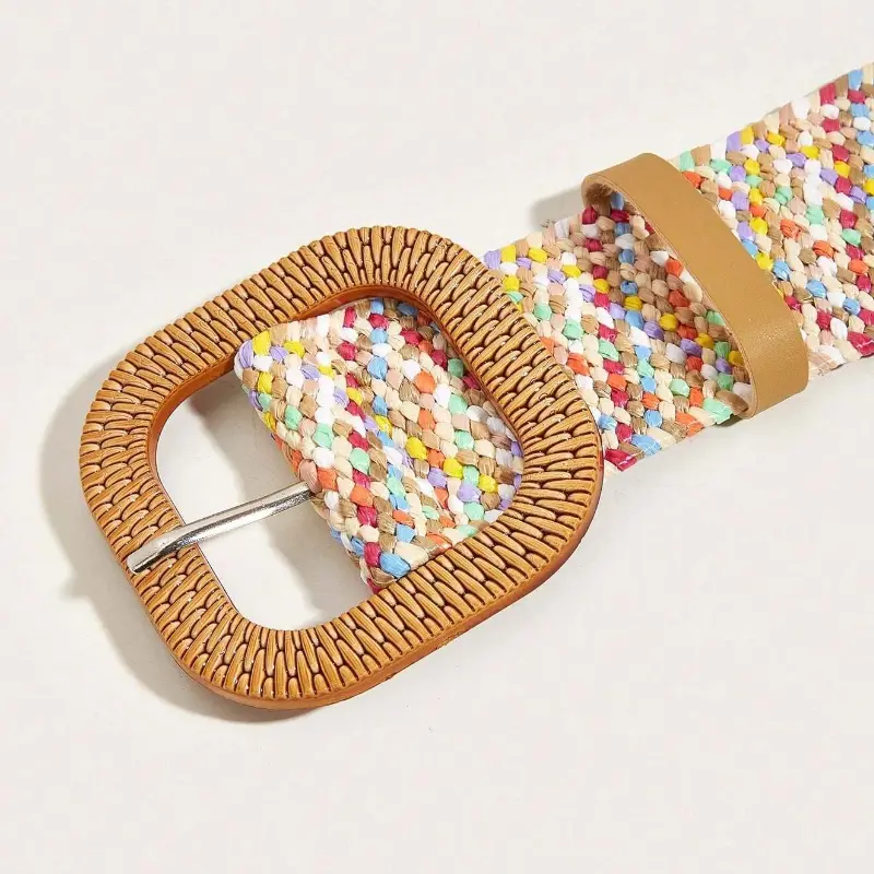 Women Boho Colorful Trendy Straw Belt Trendy Round Buckle Wide Belts Classic Summer Beach Waistband For Women Girls