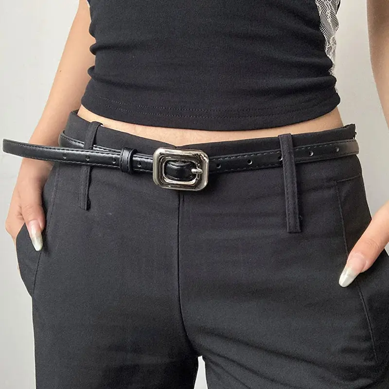 Women's Belt Minimalist Trendy Square Buckle Belt Female High-End Thin PU Leather Belt Paired with Skirt Work Pants Jeans Belt