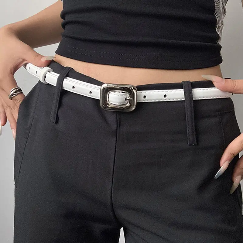 Women's Belt Minimalist Trendy Square Buckle Belt Female High-End Thin PU Leather Belt Paired with Skirt Work Pants Jeans Belt