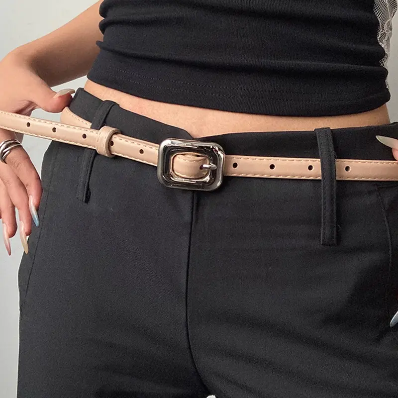 Women's Belt Minimalist Trendy Square Buckle Belt Female High-End Thin PU Leather Belt Paired with Skirt Work Pants Jeans Belt