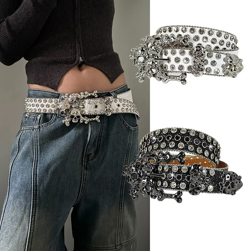 Punk Rhinestone Men's Belt male female fashion Skull western Gothic Accessory Belt For Women Y2K Girdle Jeans Belt Plus Size