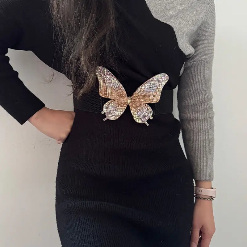 Fashion Sparkling sequin Butterfly Wide Elastic Waist Belts Female Dress Party Wedding Acceessories Luxury Designer Corset Belt