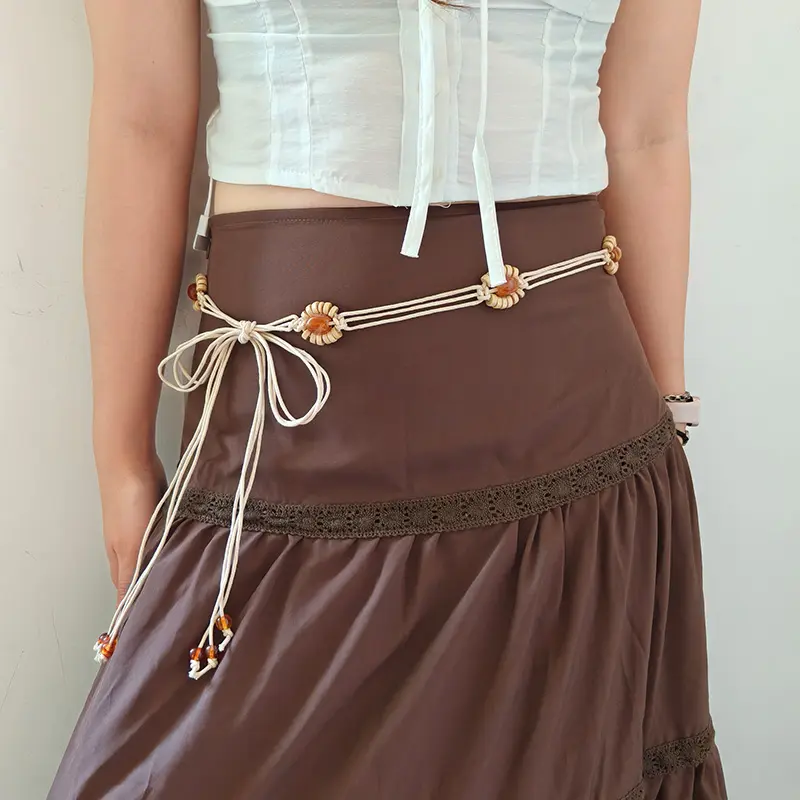 Bohemian-Style Braided Waistline for Women With Sexy Dress Jeans Belt Female Beach Accessory Beige Wax Cord Knot Belt Trend