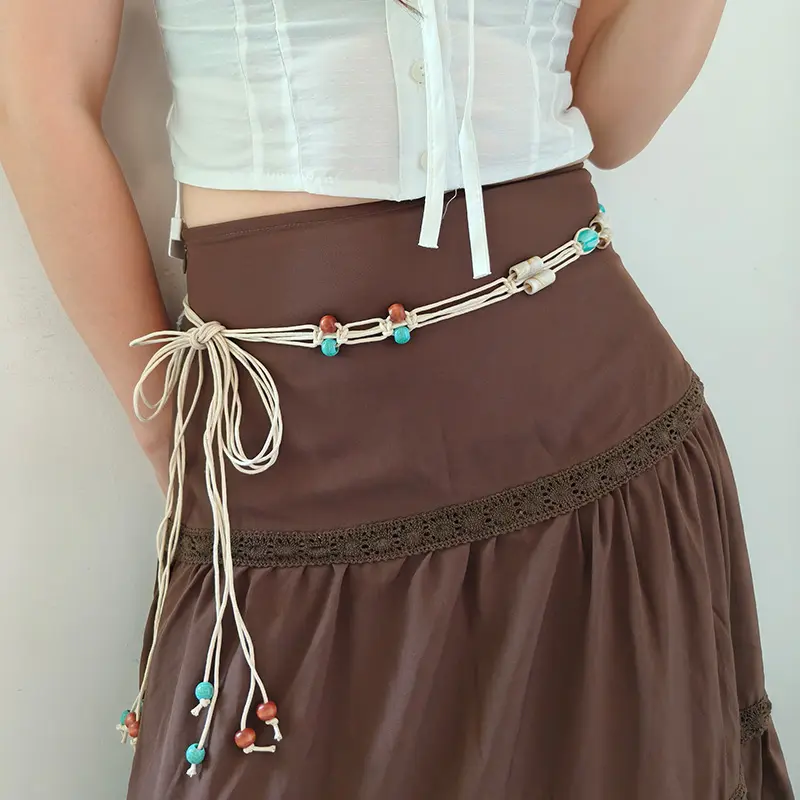 Bohemian-Style Braided Waistline for Women With Sexy Dress Jeans Belt Female Beach Accessory Beige Wax Cord Knot Belt Trend