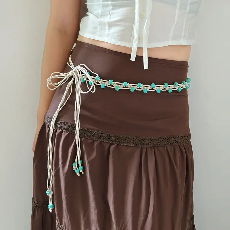 Bohemian-Style Braided Waistline for Women With Sexy Dress Jeans Belt Female Beach Accessory Beige Wax Cord Knot Belt Trend