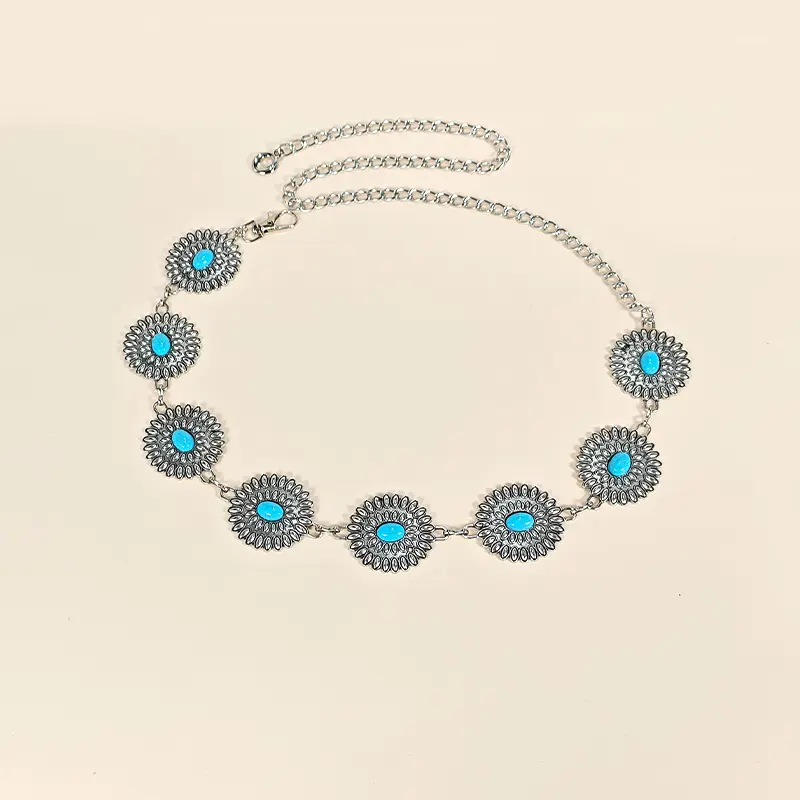 Retro Silver Bohemian Women's waist chain Belt female luxury Designer blue gemstone Chain Western Cowboy Skirts dress Jeans Belt