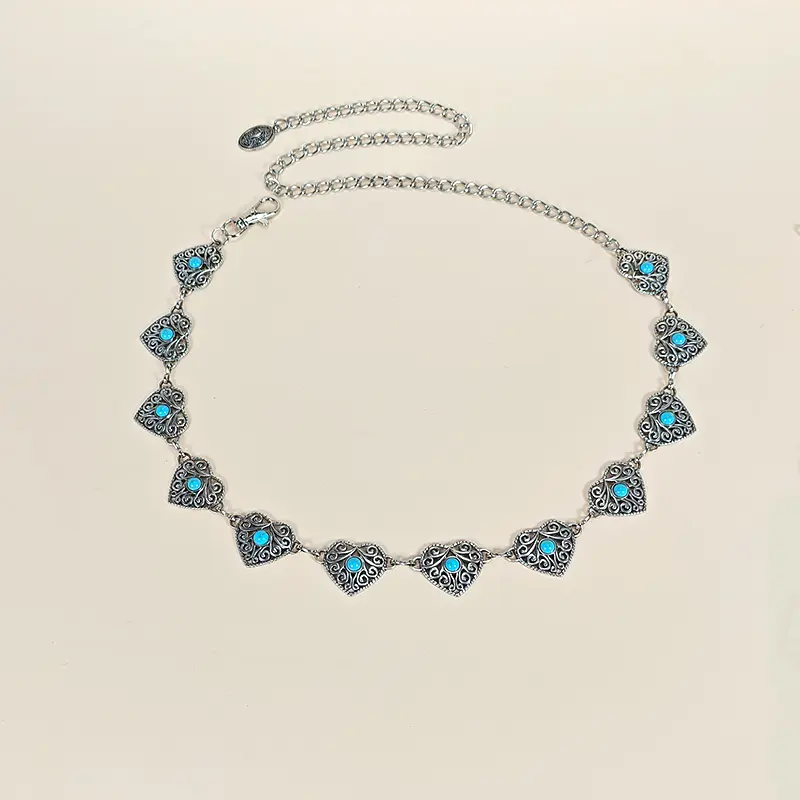 Retro Silver Bohemian Women's waist chain Belt female luxury Designer blue gemstone Chain Western Cowboy Skirts dress Jeans Belt