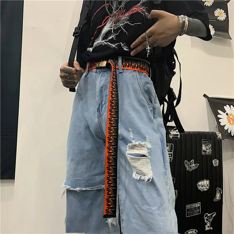 Hip Hop StreetFashion Men's Canvas Belt Male Personalized Casual Flame Belt Designer Belts For Women Cowboy Strap Punk Waistband