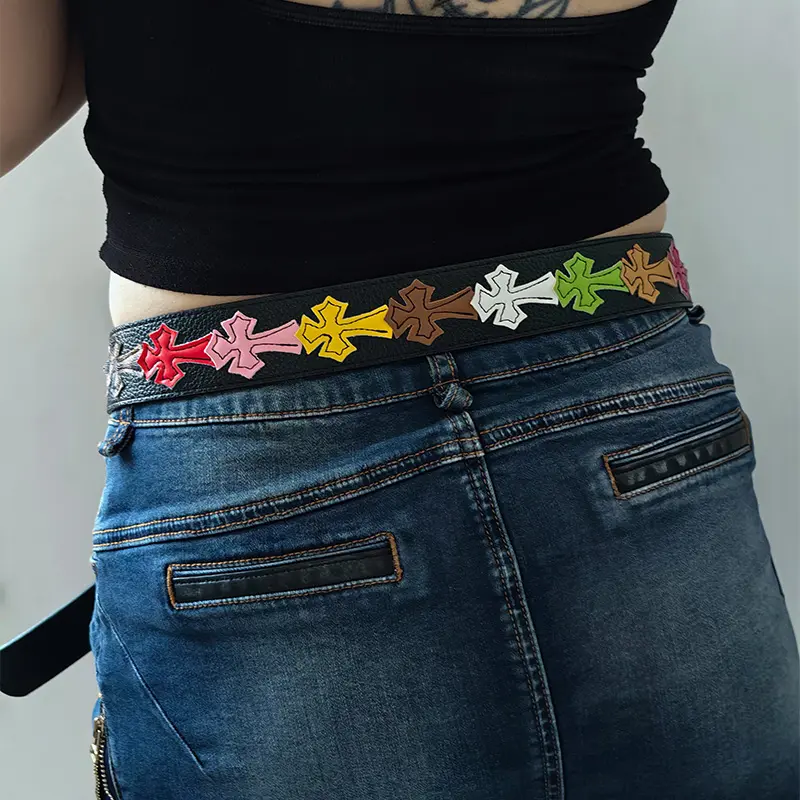 Spring and summer personalized belt with lychee pattern and colorful Cross new style belt for men and women artistic youth Waist