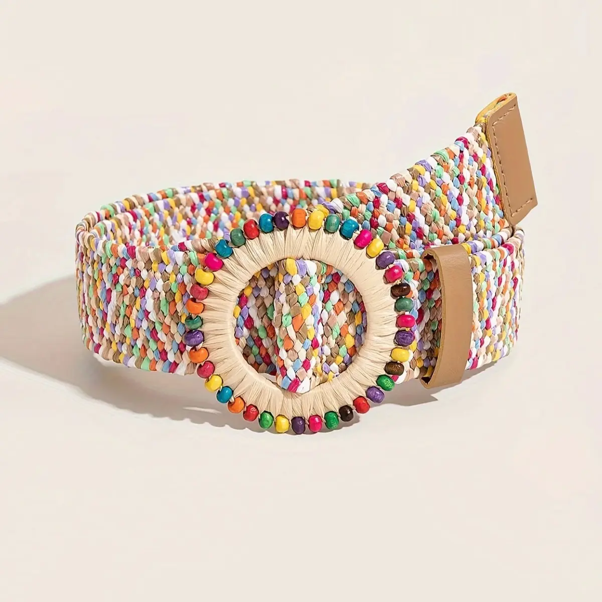 Women Boho Colorful Trendy Straw Belt Trendy Round Buckle Wide Belts Classic Summer Beach Waistband For Women Girls