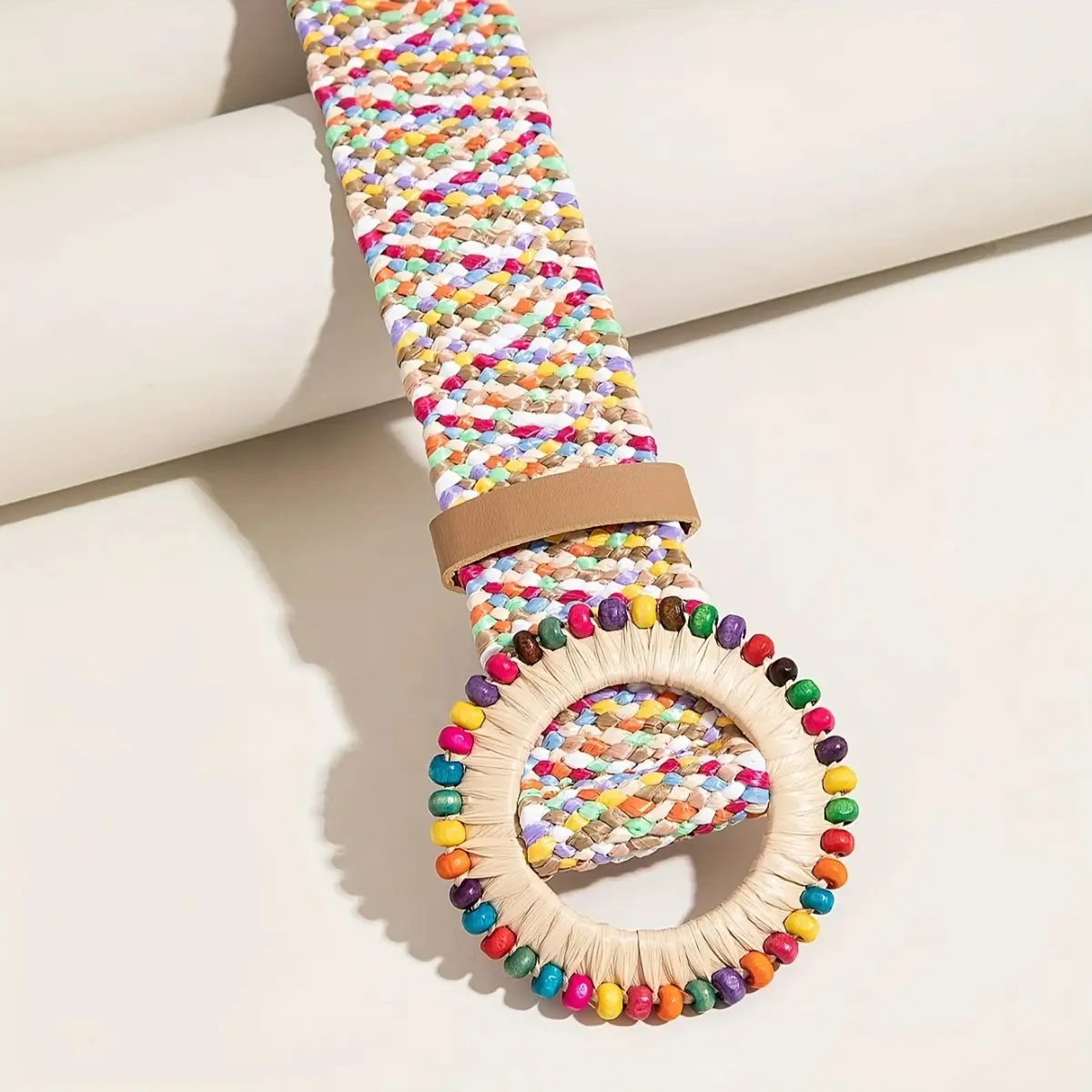 Women Boho Colorful Trendy Straw Belt Trendy Round Buckle Wide Belts Classic Summer Beach Waistband For Women Girls