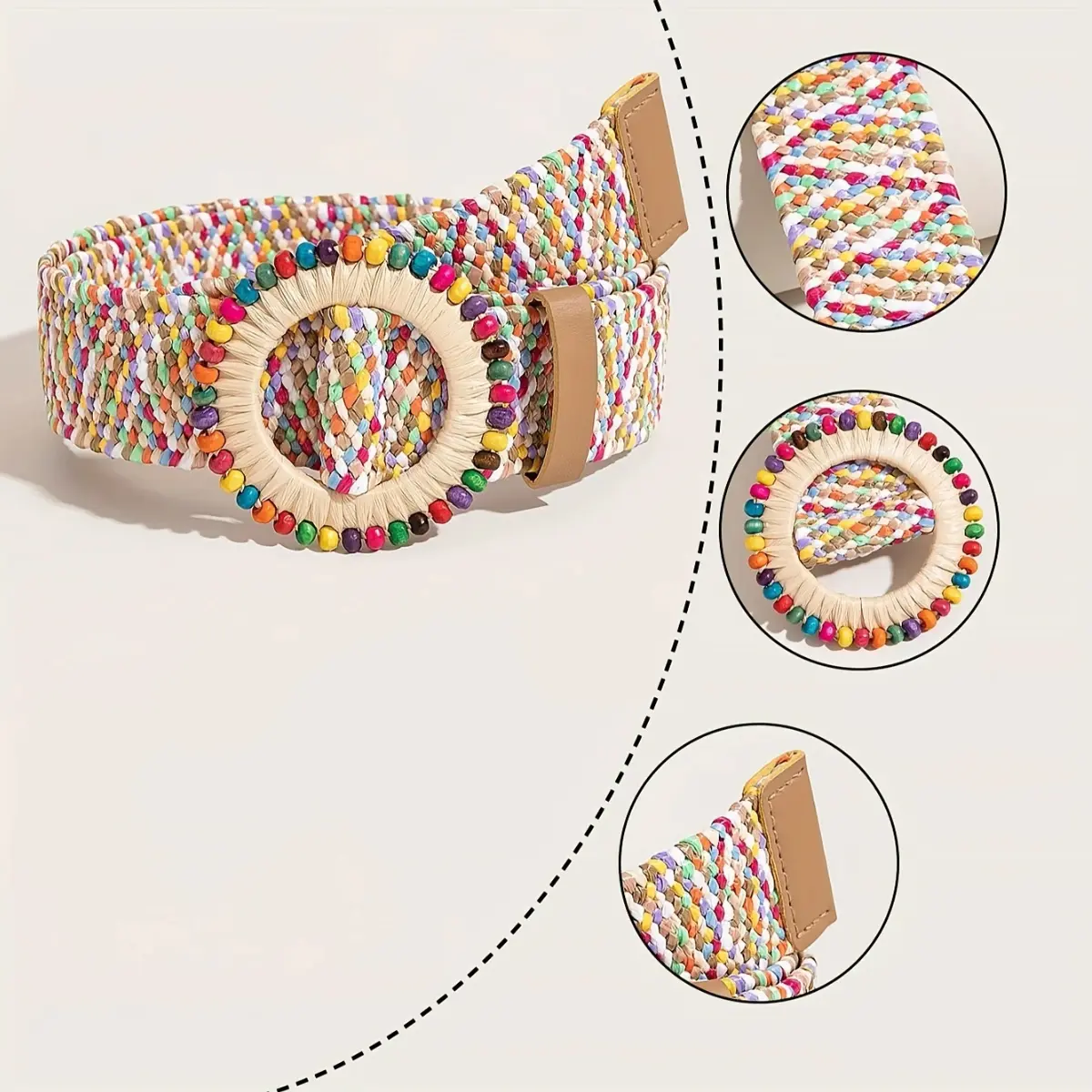 Women Boho Colorful Trendy Straw Belt Trendy Round Buckle Wide Belts Classic Summer Beach Waistband For Women Girls