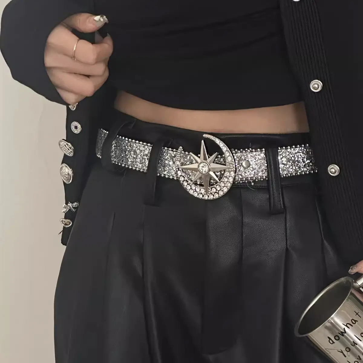 Female Waist Sequin Rhinestone Buckle Desinger Belts For Women Leopard Moon and Star High Quality Luxury Band Punk Goth Y2k Belt