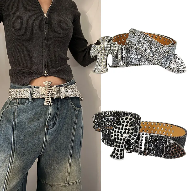 Unisex Punk Rhinestone Men's Belt male Cross western Gothic Rock Belt For Women Y2K Jeans Belt Plus Size Girdle Waistband female