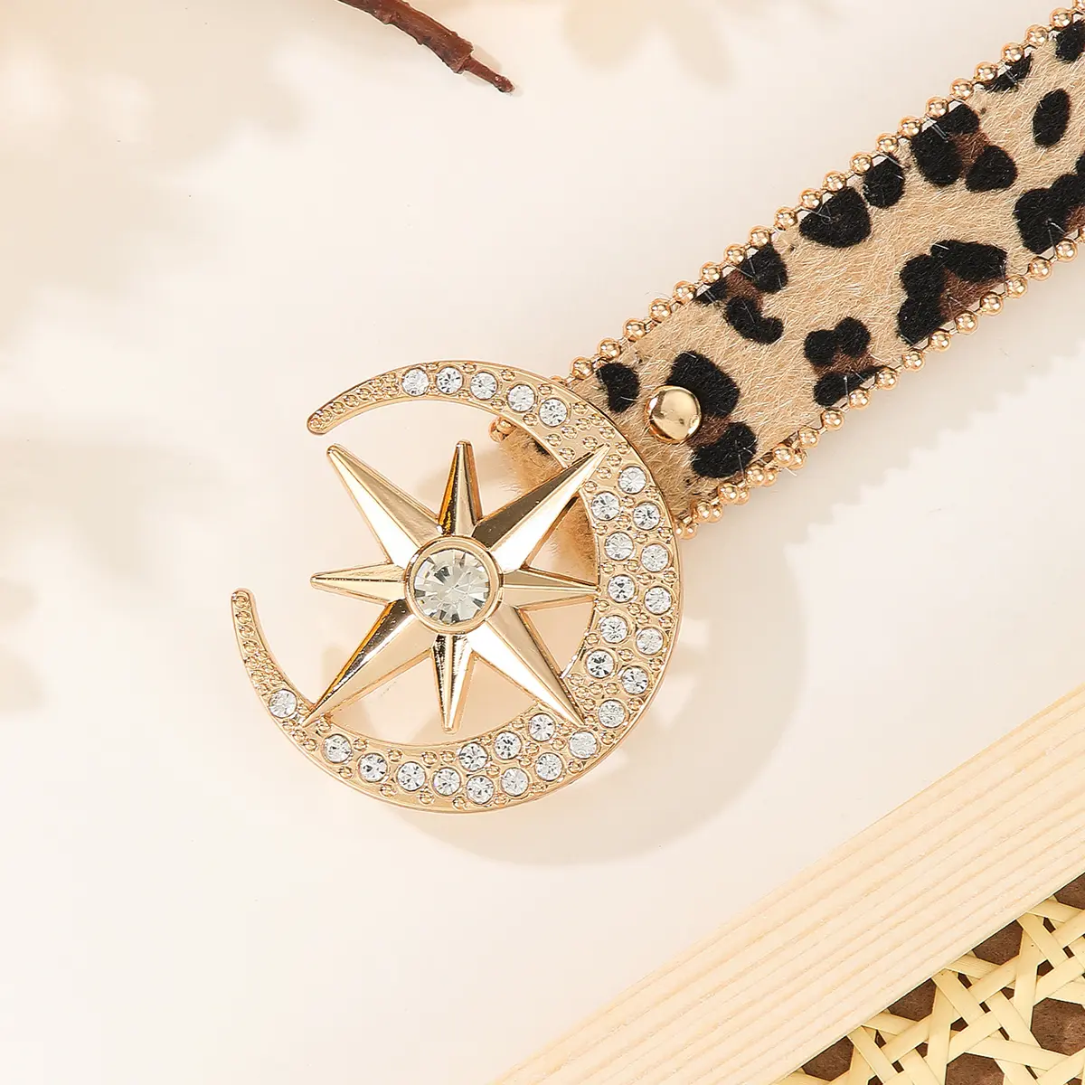 Female Waist Sequin Rhinestone Buckle Desinger Belts For Women Leopard Moon and Star High Quality Luxury Band Punk Goth Y2k Belt