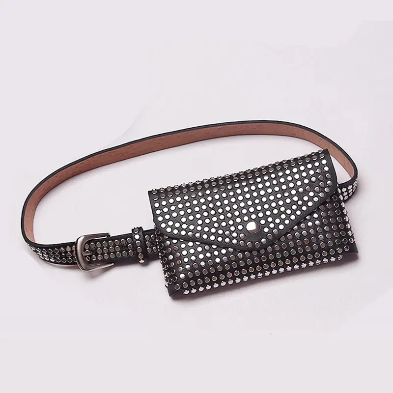 Punk Rivet Inlay Belt Bag Female Waist Small Waistpack Goth Purse Black Belts For Women Versatile Mobile Phone Bag  Decoration