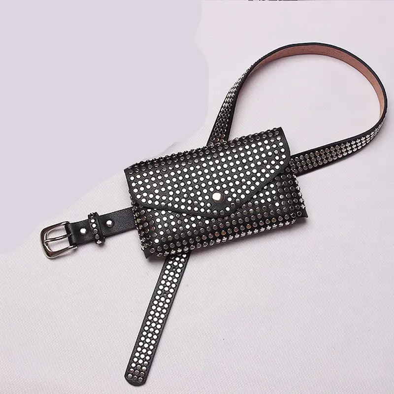 Punk Rivet Inlay Belt Bag Female Waist Small Waistpack Goth Purse Black Belts For Women Versatile Mobile Phone Bag  Decoration
