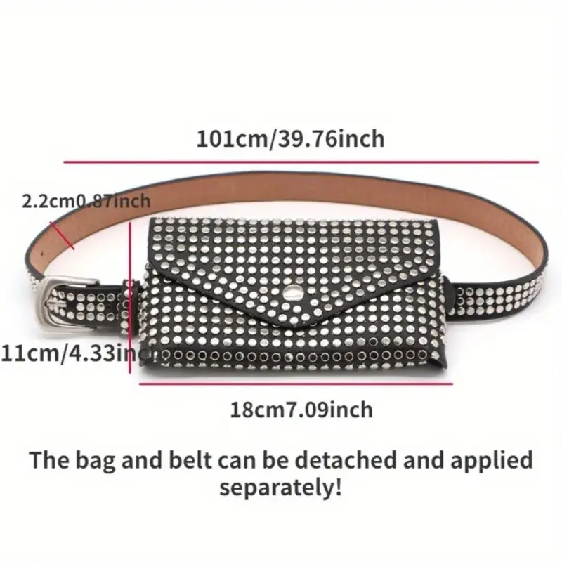 Punk Rivet Inlay Belt Bag Female Waist Small Waistpack Goth Purse Black Belts For Women Versatile Mobile Phone Bag  Decoration