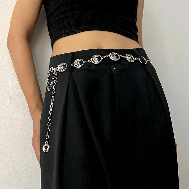 Retro Style Women's Metal Waist Chain Accessories Decorative Circle Carved Chain belt Goth Silver Waistband Golden Belts